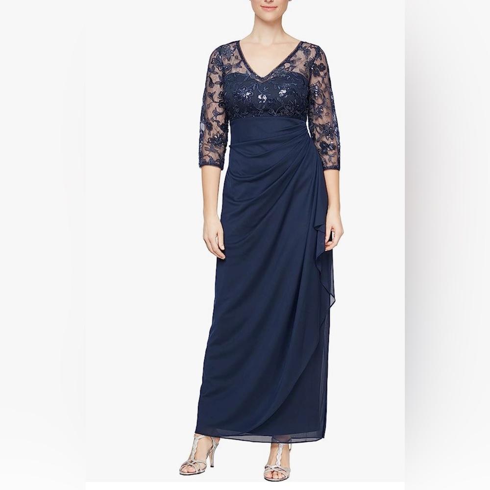 Alex Evenings Womens Long Lace Top Empire Waist Dress